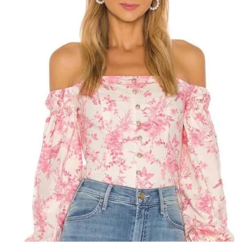 MAJORELLE Off-Shoulder Pink Floral Button Front Top